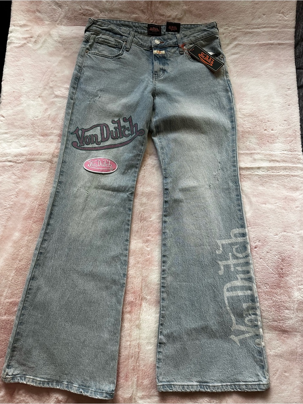 Size 29 - Von Dutch Light Blue Denim Bootcut Jeans with Logo Patches NWT